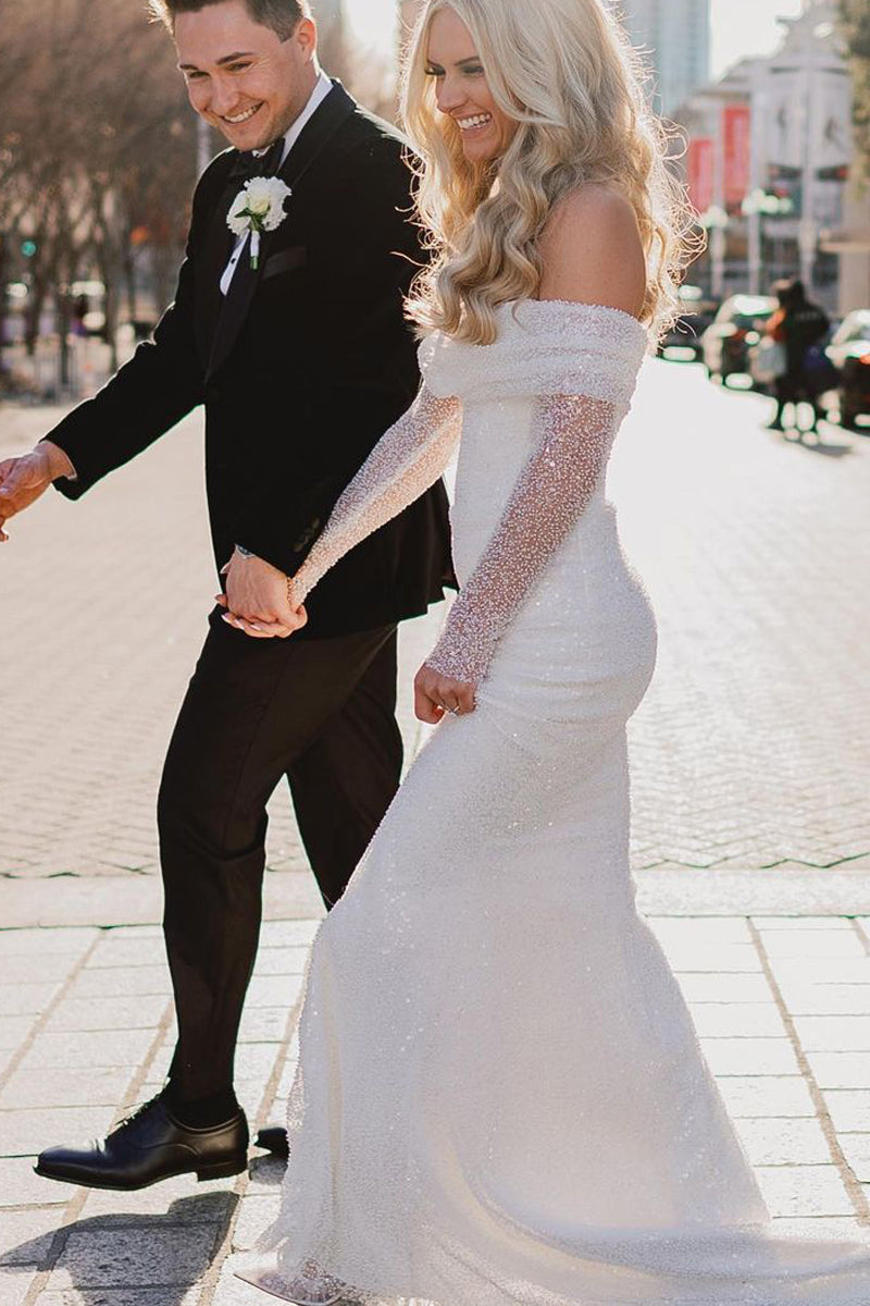 Sparkly Mermaid Off the Shoulder Long Sleeves Sequins Wedding Dresses AB081910 Anniebride Sparkly Mermaid Off the Shoulder Long Sleeves Sequins Wedding Dresses AB081910 Anniebride