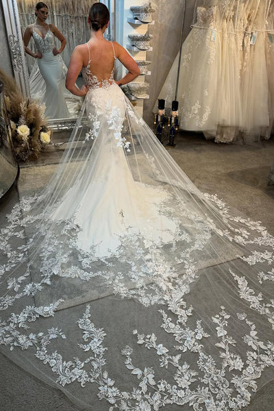 Elegant Mermaid V Neck Stretch Satin Wedding dress with Appliques AB25022604