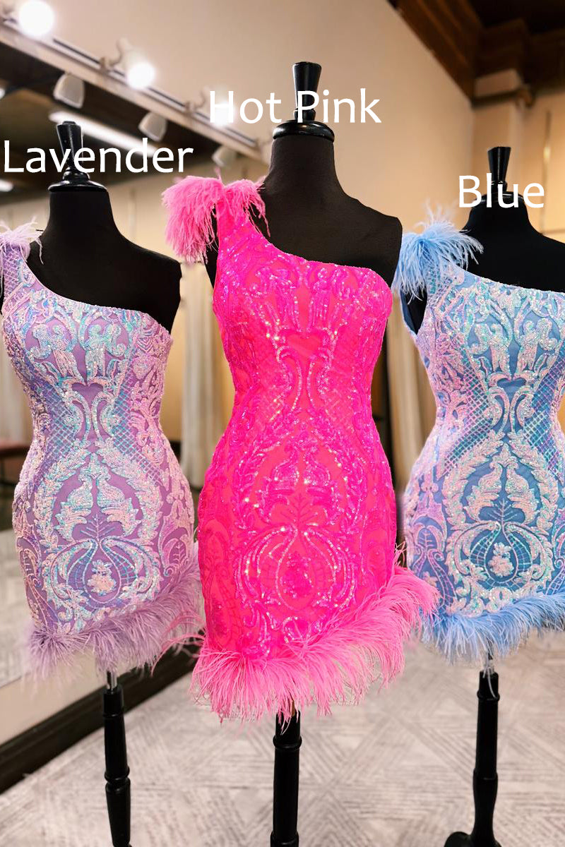 Cute Bodycon One Shoulder Hot Pink Sequins Short Homecoming Dresses with Feather AB081201 Cute Bodycon One Shoulder Hot Pink Sequins Short Homecoming Dresses with Feather AB081201