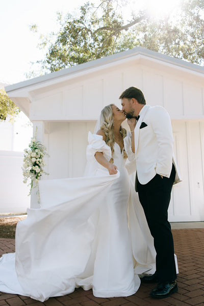Gorgeous Mermaid Off the Shoulder White Satin Bridal Dresses with Ruffled Sleeves AB24112616