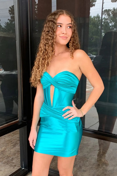 Cute Bodycon Sweetheart Keyhole Sparkly Satin Short Homecoming Dresses AB24071501