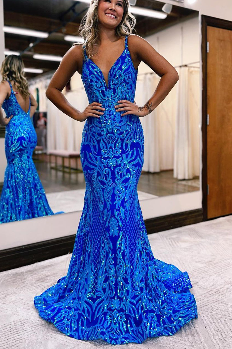 knee length dresses for ladies Royal Blue Sequin Long Sexy Sparkly Prom Dress Gown Low Back Evening Dress main image 1