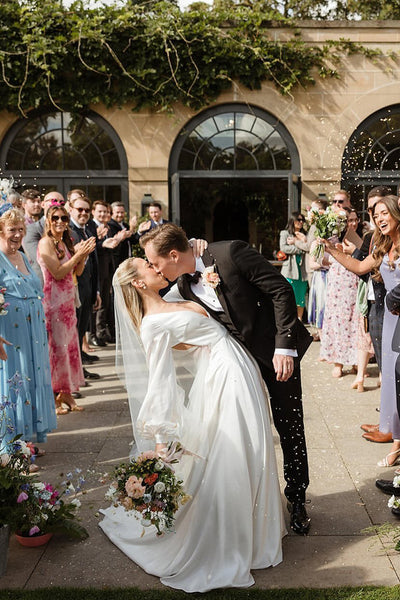 Gorgeous A Line Deep V Neck White Satin Bridal Dresses with Ruffled Sleeves AB24120312