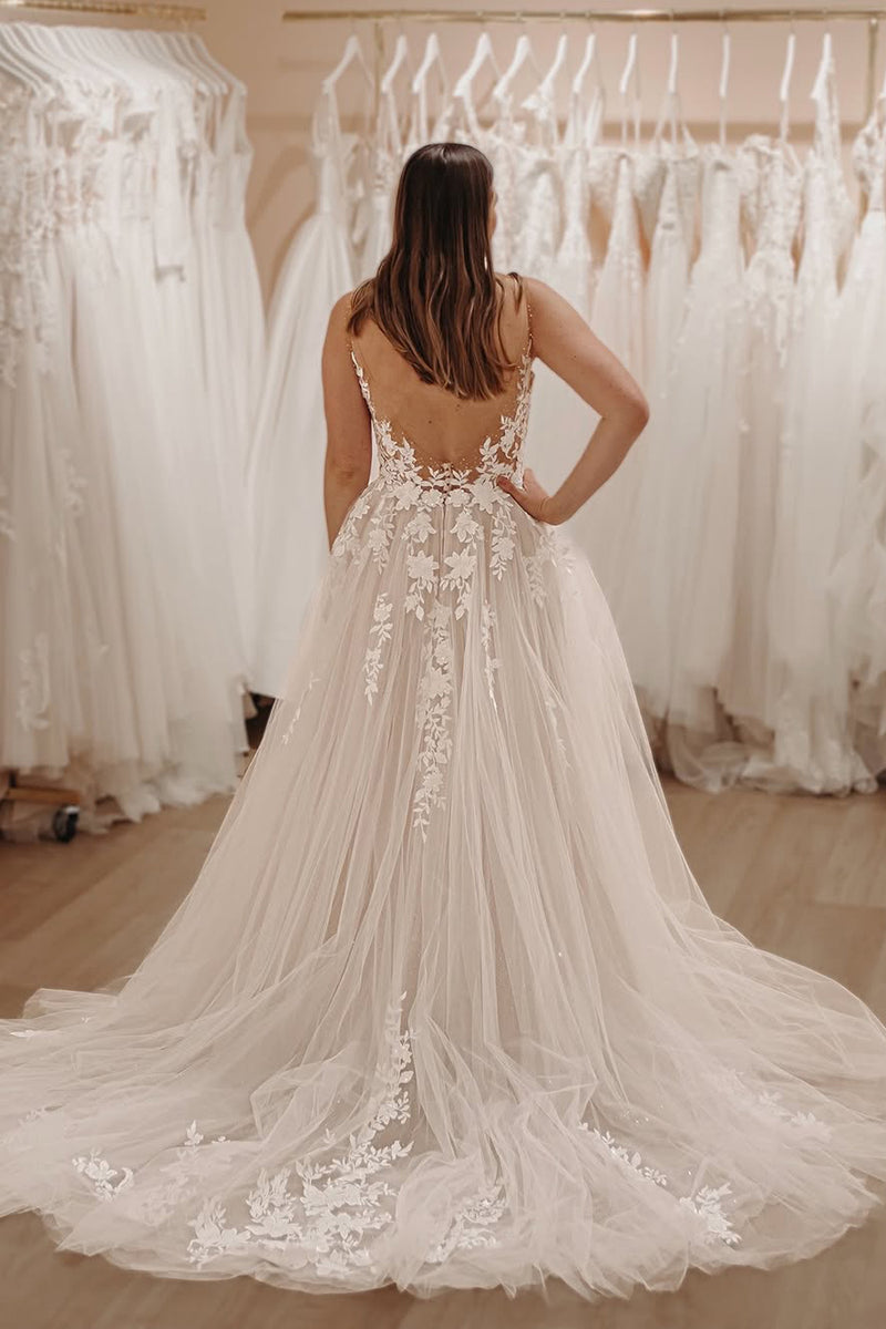 Fashion A Line V Neck Tulle Long Wedding Dresses with Appliques VK24101501