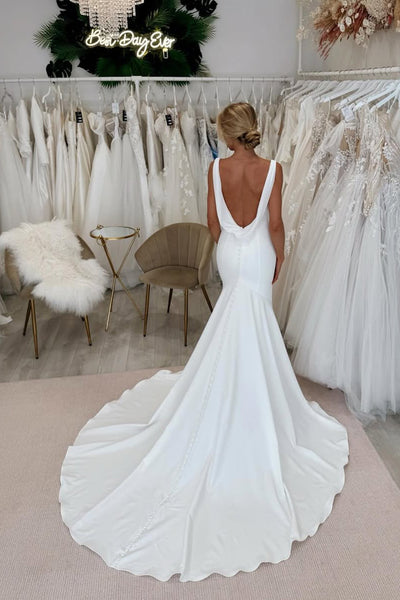 Simple Mermaid V Neck Elastic Satin Wedding Dresses with Train AB25050704