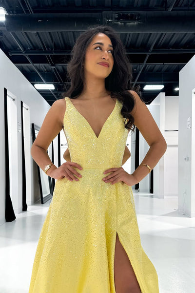 Cute A Line V Neck Yellow Satin Prom Dress with Beading AB25020307