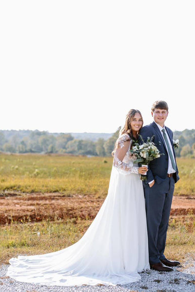 Bohemian A Line V Neck Chiffon Long Bridal Dresses with Long Sleeves AB24110504