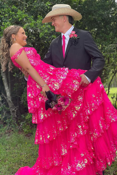 Cute A Line Sweetheart Pink Sequins Tiered Long Prom Dresses with Slit AB24070808