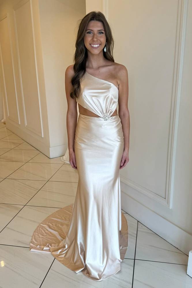 One-Shoulder Champagne Cutout Mermaid Long Formal Dress