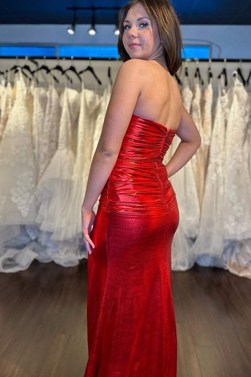 Cute Mermaid Strapless Red Metallic Satin Long Prom Dresses with Slit  AB24120910 – Anniebride