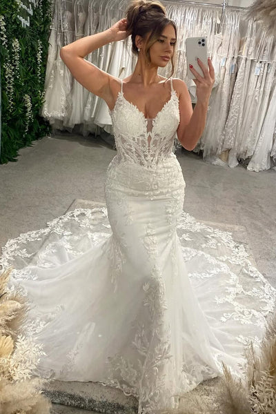 Charming Mermaid Sweetheart Lace Wedding Dress with Appliques AB24121908