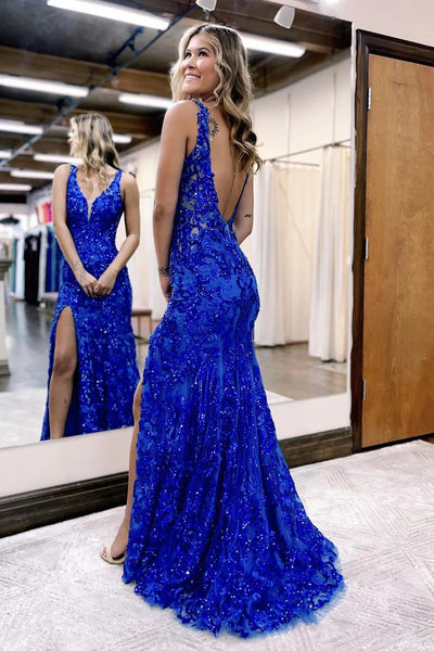 Charming Mermaid V Neck Royal Blue Sequins Lace Prom Dress with Slit AB4012801