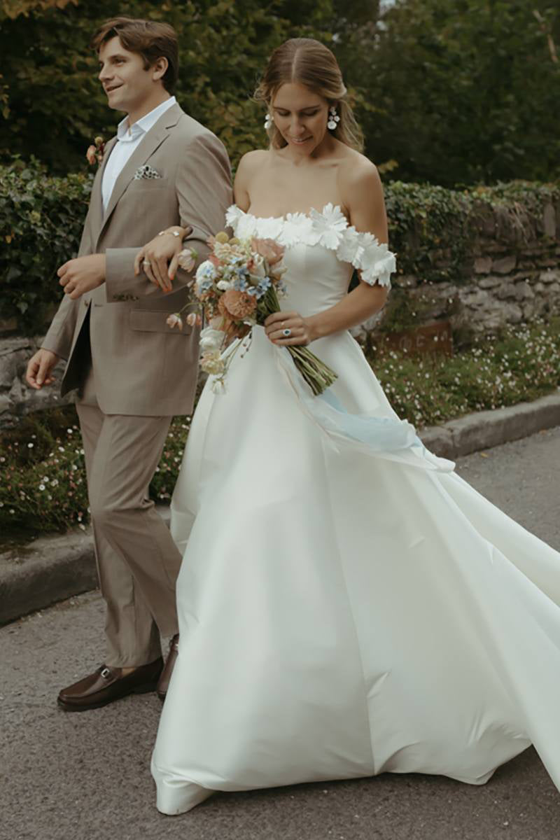 Fairy A Line Off the Shoulder Satin Wedding Dresses AB24070807 Anniebride Fairy A Line Off the Shoulder Satin Wedding Dresses AB24070807 Anniebride