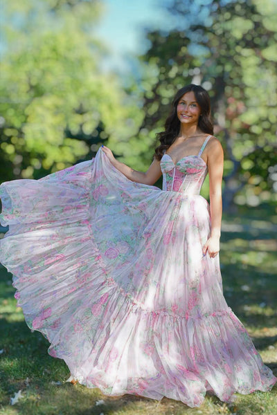 Cute A Line Strapless Floral Chiffon Prom Dress AB25102610