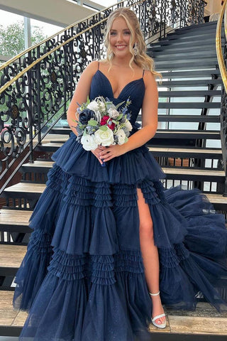 Dazzling A Line V Neck Ruffle Tiered Tulle Prom Dress with Slit AB4050705