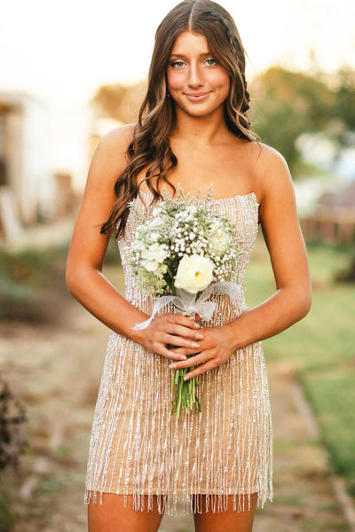Cute Bodycon Strapless Ivory Beading Short Homecoming Dresses AB110305