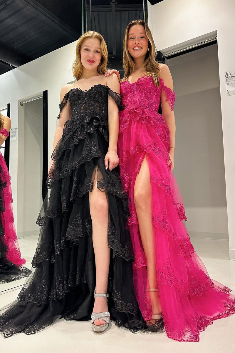 Sparkly Off the Shoulder Black Ruffle Long Prom Dress with Appliques