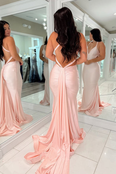 Mermaid V Neck Pink Stretch Satin Long Prom Dress AB25102106