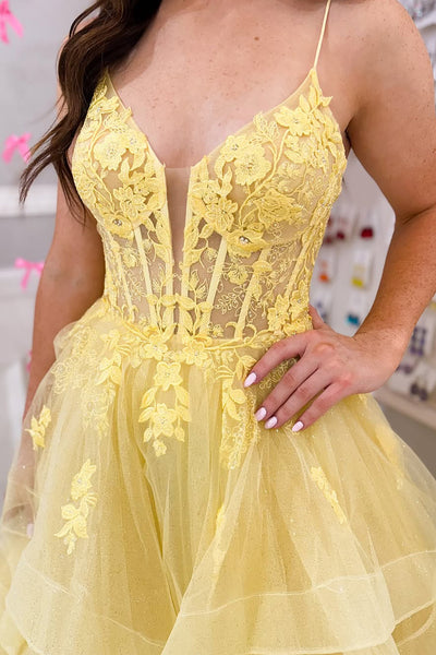 Fairy A Line V Neck Yellow Tulle Ruffled Prom Dress AB25010407