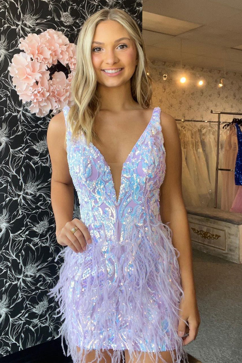 Cute Bodycon V Neck Lavender Sequins Short Homecoming Dresses with Feather AB081401 Cute Bodycon V Neck Lavender Sequins Short Homecoming Dresses with Feather AB081401