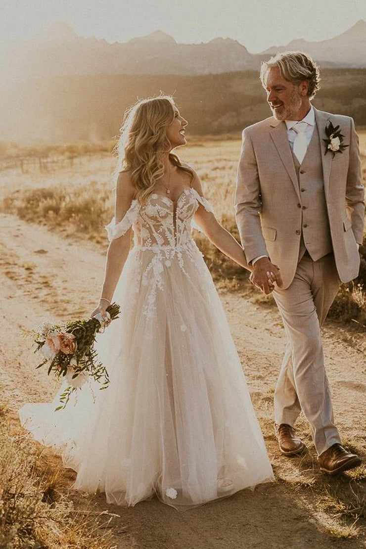 Fairy A Line Off the Shoulder Tulle Long Wedding Dresses with Appliques AB092408 Fairy A Line Off the Shoulder Tulle Long Wedding Dresses with Appliques AB092408