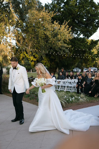 Gorgeous Mermaid Off the Shoulder White Satin Bridal Dresses with Ruffled Sleeves AB24112616