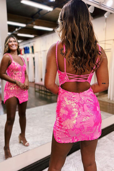Cute Bodycon V Neck Pink Sequins Short Homecoming Dresses AB24072502