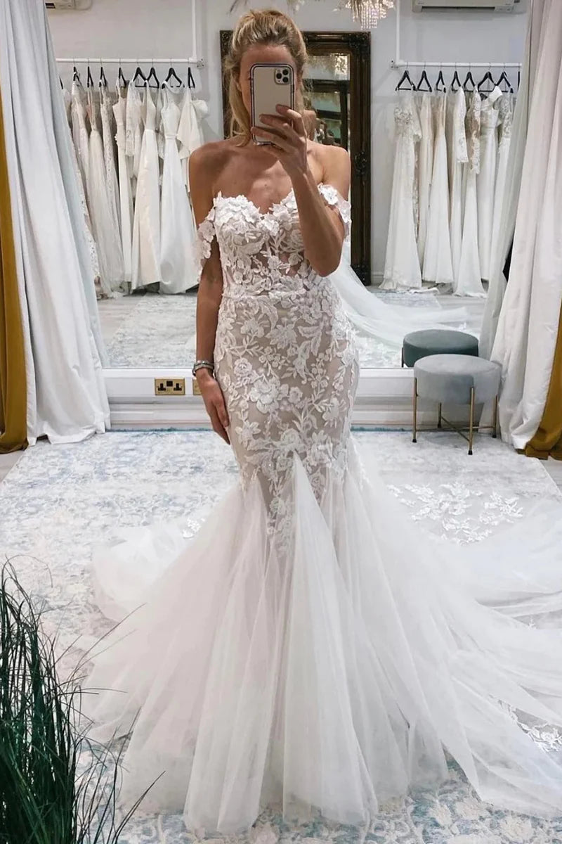 Fairy Mermaid Off the Shoulder Lace Long Bridal Dresses with
