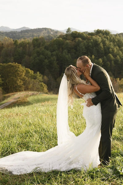 Charming Mermaid V Neck Lace Long Bridal Dresses AB24103008