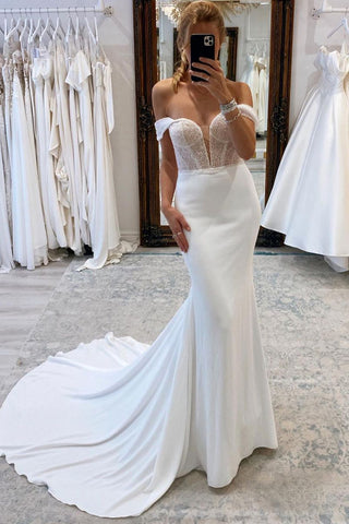 Elegant Mermaid Off the Shoulder Elastic Satin Wedding Dresses with Beading ABWD061828