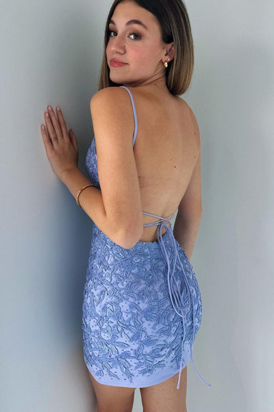 Cute Bodycon V Neck Dark Blue Lace Short Homecoming Dresses with Beading AB101004