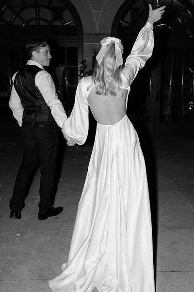 Gorgeous A Line Deep V Neck White Satin Bridal Dresses with Ruffled Sleeves AB24120312