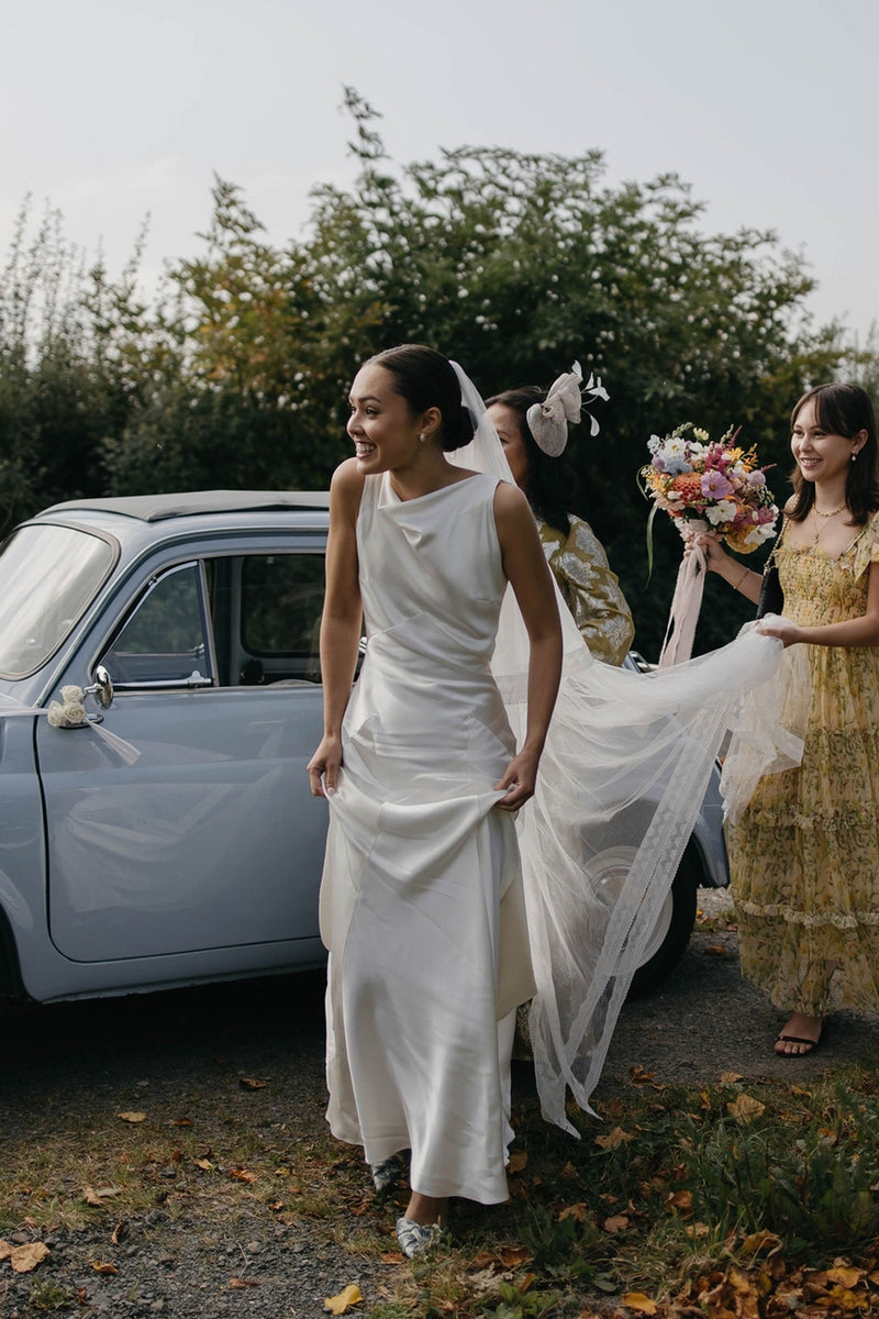 Bohemian Sheath Boat Neck Silk Satin Long Bridal Dresses AB24111416 – Anniebride