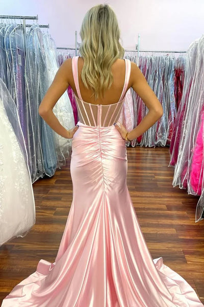 Charming Mermaid Square Neck Pink Stretch Satin Prom Dress with Slit AB25010702