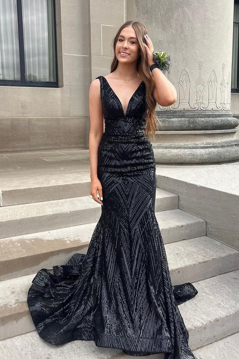 Charming Mermaid V Neck Black Sequins Long Prom Dresses AB24063006 –  Anniebride