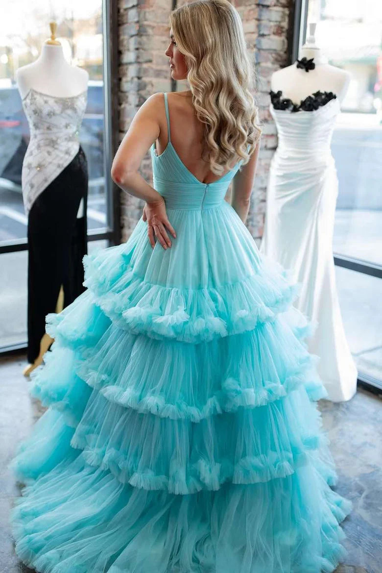 A Line Sky Blue V Neck Embroidery Tulle Prom Dress LBQ2911