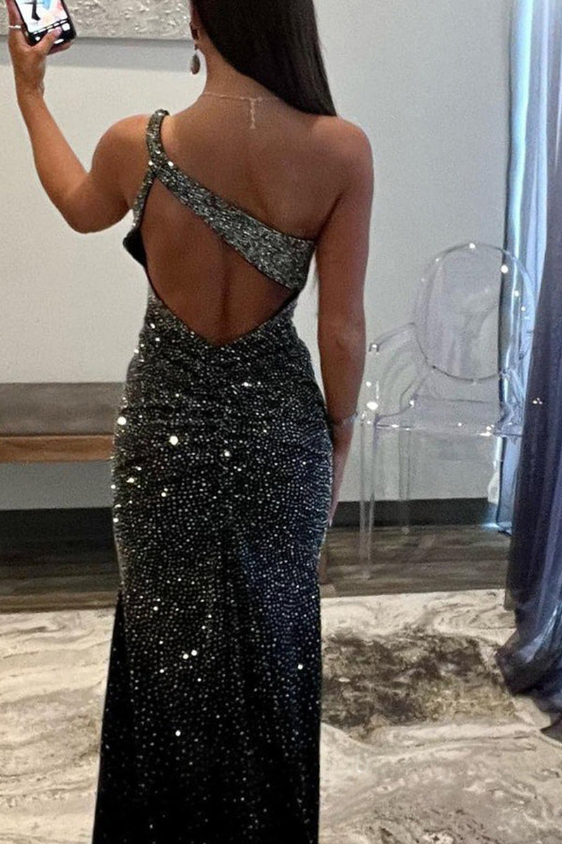 Sparkly Mermaid One Shoulder Black Prom Dresses with Beading main image 1