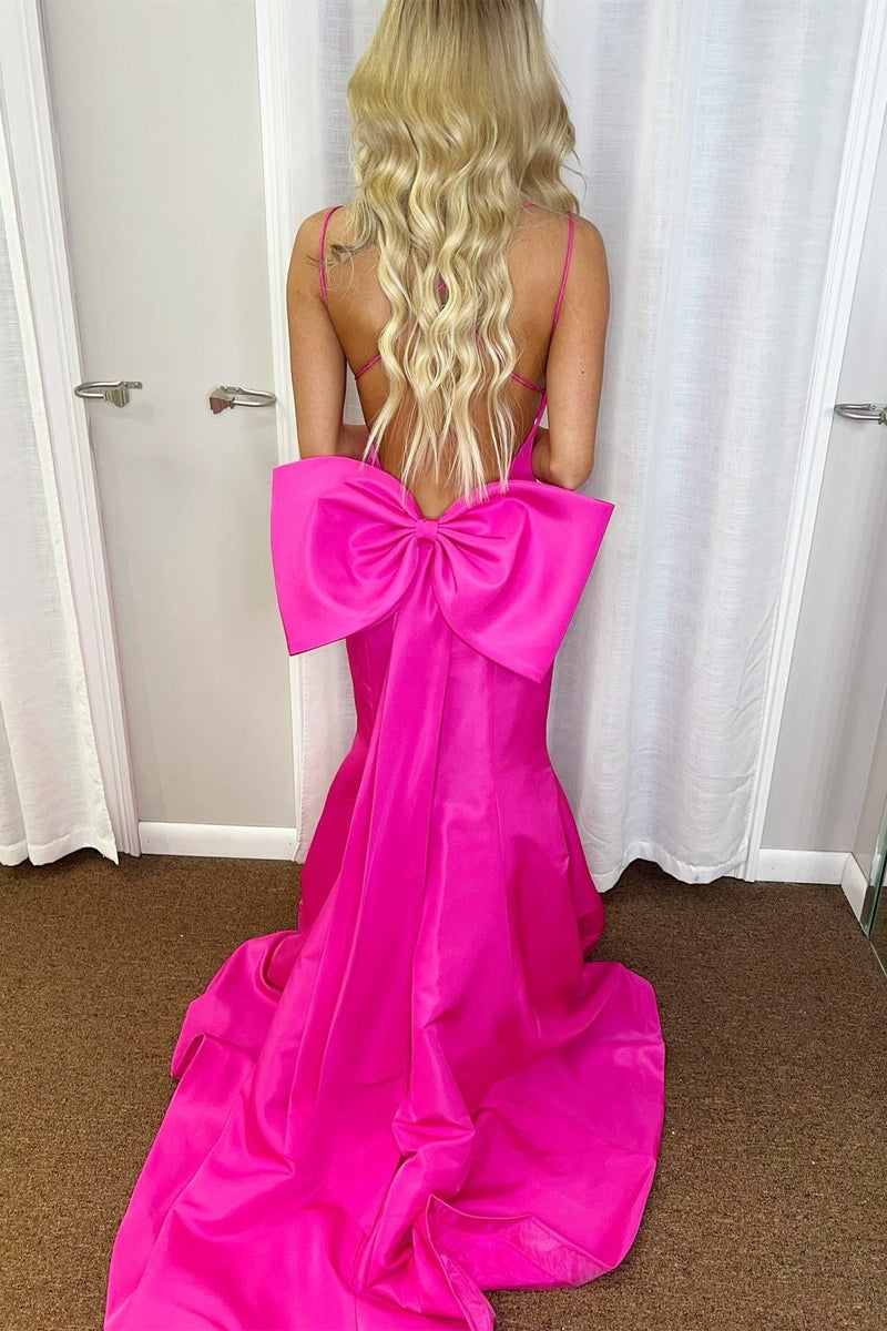 Charming Hot Pink V-Neck Bow-Back Trumpet Long Prom Gown – Anniebride