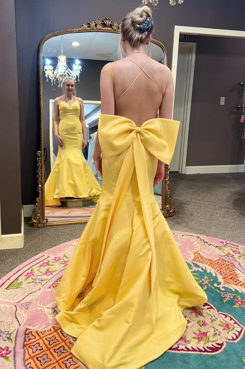 Charming Hot Pink V-Neck Bow-Back Trumpet Long Prom Gown Anniebride Charming Hot Pink V-Neck Bow-Back Trumpet Long Prom Gown Anniebride