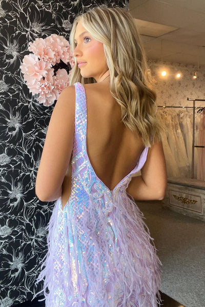 Cute Bodycon Lavender V Neck Sequin Homecoming Dresses with Feather AB081705