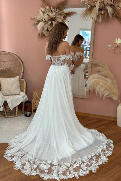 Fairy A Line Off the Shoulder Chiffon Long Bridal Dresses with Appliques AB24110101