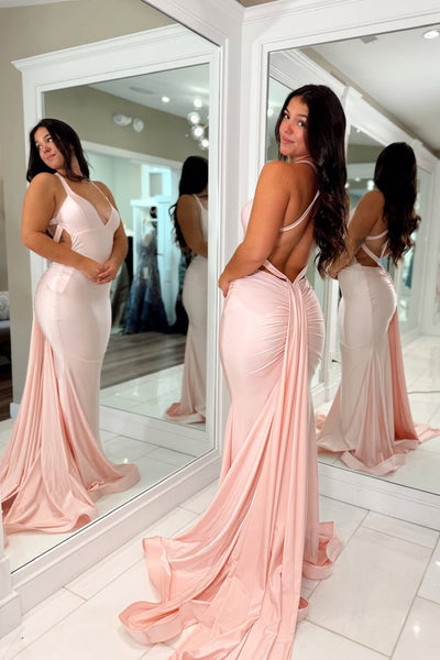 Mermaid V Neck Pink Stretch Satin Long Prom Dress AB25102106