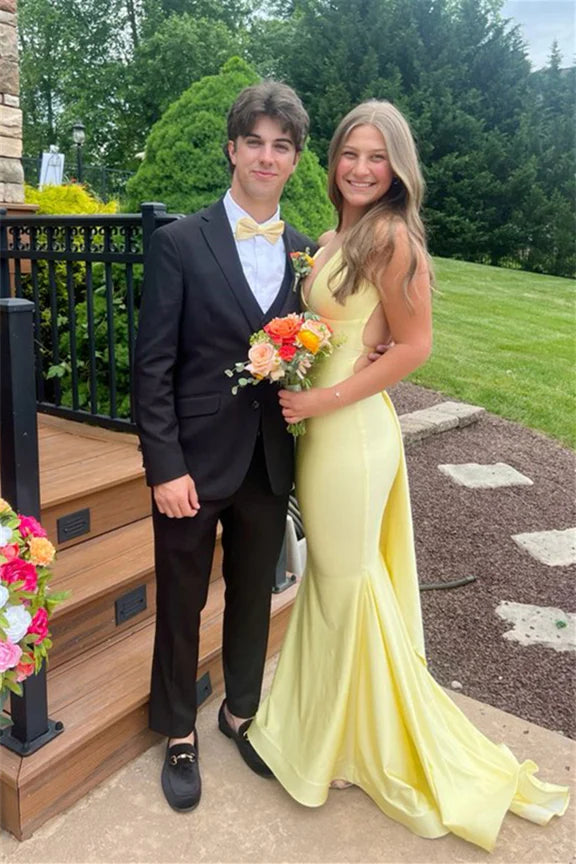 Mermaid V Neck Black Satin Prom Dress with Cross Back AB24122603 Anniebride Mermaid V Neck Black Satin Prom Dress with Cross Back AB24122603 Anniebride