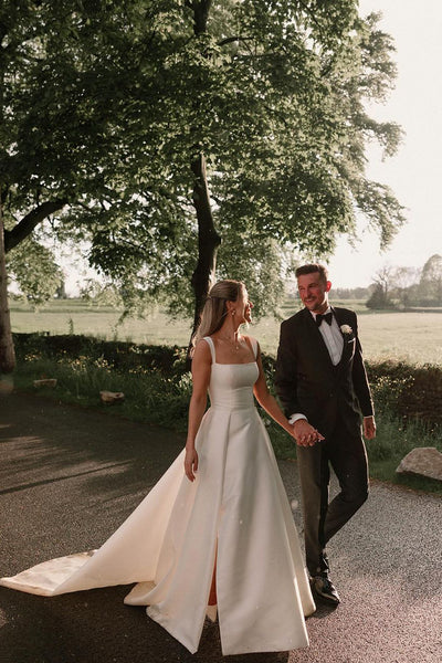 Elegant Ball Gown Square Neck Heavy Satin Long Bridal Dresses AB24110503