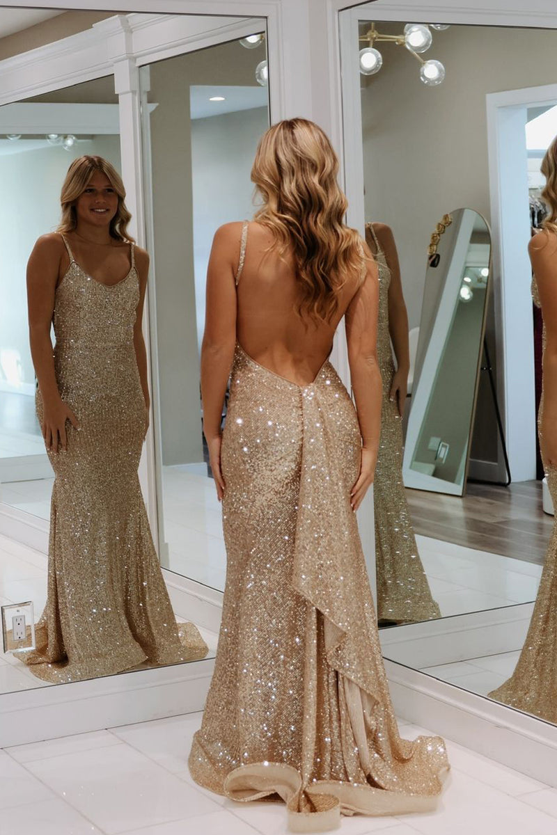 Charming Mermaid V Neck Champagne Sequins Long Prom Dresses AB24102213 –  Anniebride