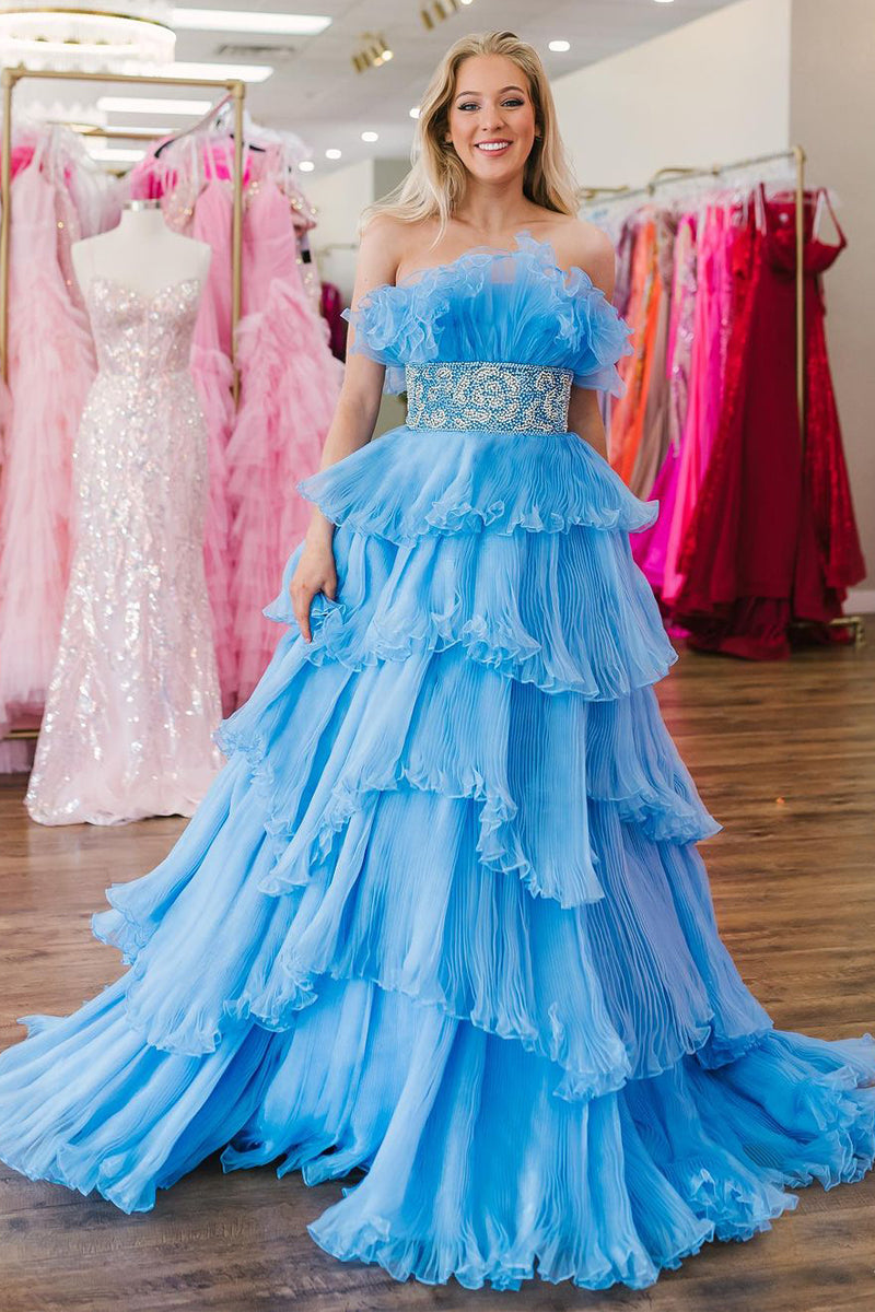 Fairy Ball Gown Strapless Blue Organza Long Prom Dresses with Beading AB102904 Fairy Ball Gown Strapless Blue Organza Long Prom Dresses with Beading AB102904