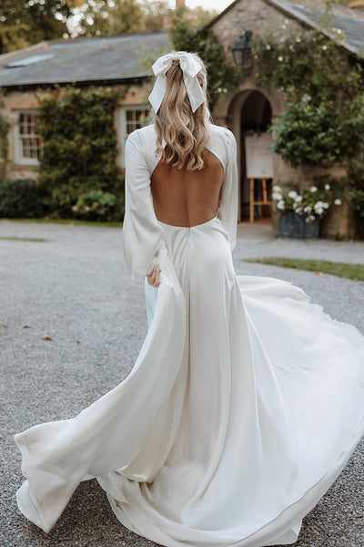 Gorgeous A Line Deep V Neck White Satin Bridal Dresses with Ruffled Sleeves AB24120312