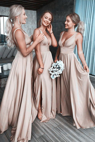 Charming A Line V Neck Champagne Silk Satin Long Bridesmaid Dresses with Slit ABBD061804