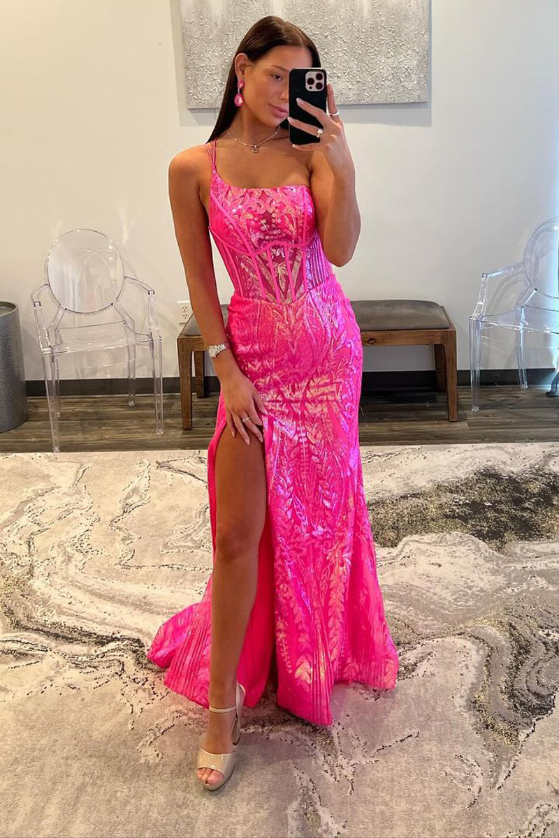 Fuchsia One Shoulder Sequin Mermaid Ball Dress with Sweep Train