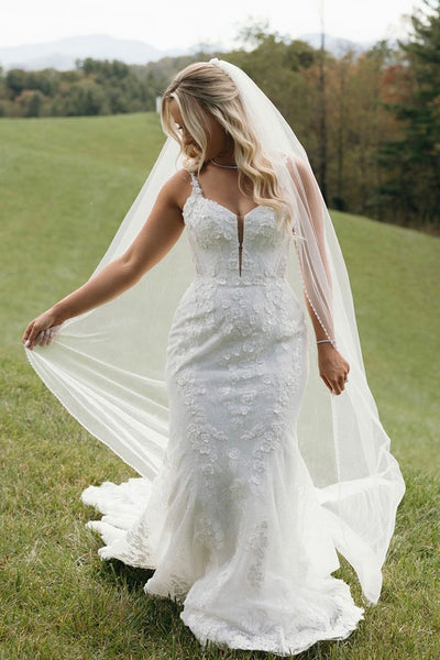 Charming Mermaid V Neck Lace Long Bridal Dresses AB24103008